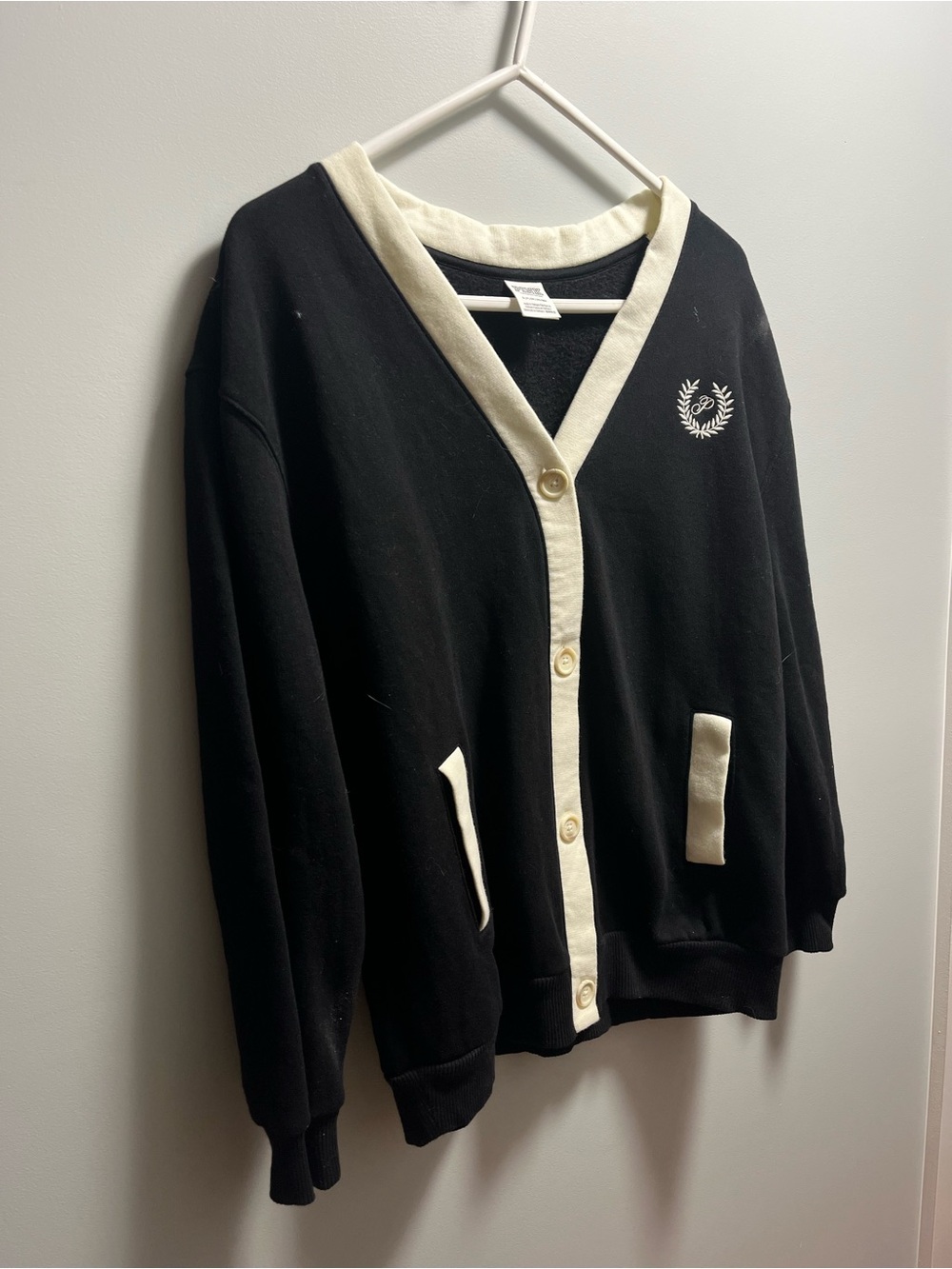 PINK Victoria's Secret Black Cardigan with Cream Trim and Crest